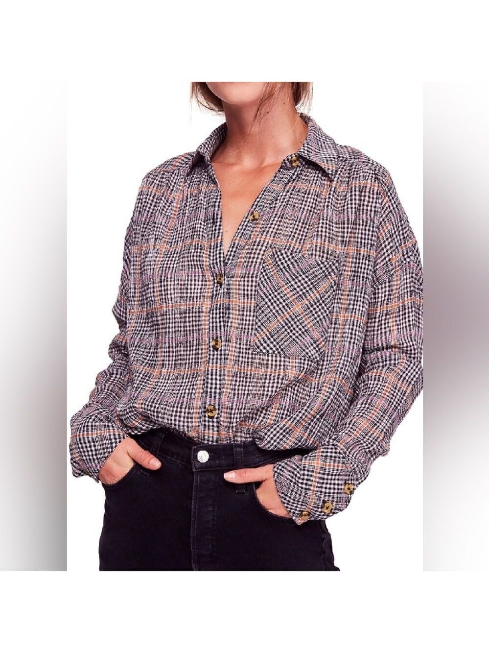 Free People Break My Stripe Plaid Button Down Shirt Black Gold oversized small